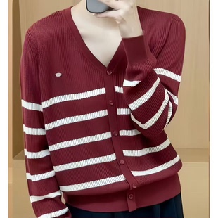 女式 門店24&9 綿羊毛V領(lǐng)百搭顯瘦開(kāi)衫 針織衫 條紋撞色款 Z00600