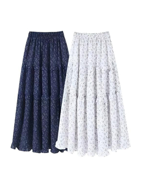 B 门店4&09！蓝风铃半裙复古印花大裙摆高腰显瘦A字半身裙 C22474