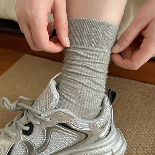 坚果妈咪 灰色袜子女中筒袜春夏季薄款纯棉ins潮韩版运动堆堆长袜