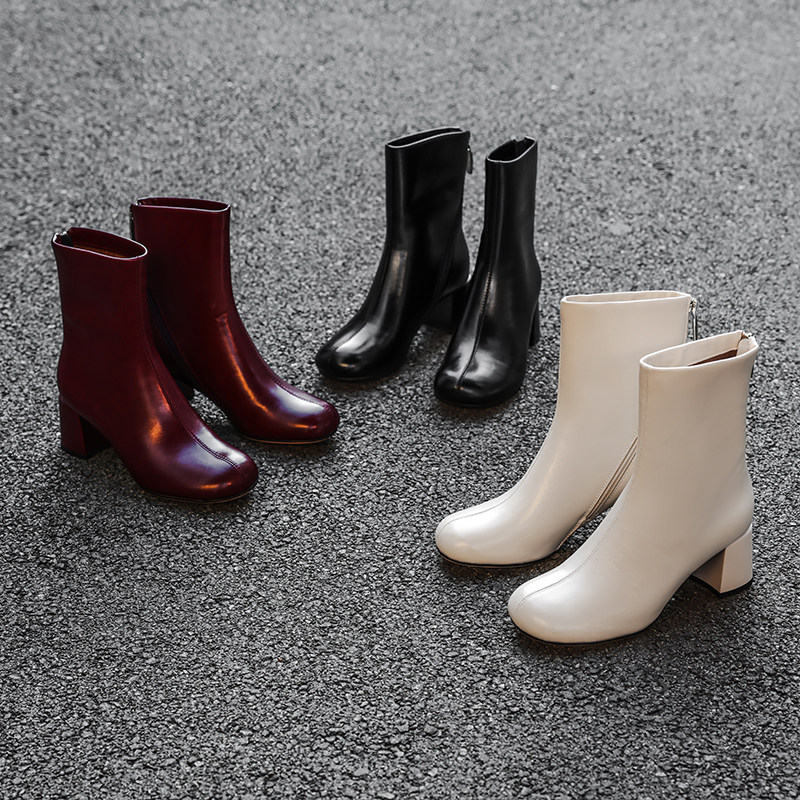 现货酒红色粗跟真皮短靴女秋冬2025新款百搭瘦瘦靴中跟女士靴子,女鞋,时装靴,淘宝优惠券,粉丝福利购,淘宝优惠卷