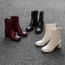 现货酒红色粗跟真皮短靴女秋冬2025新款百搭瘦瘦靴中跟女士靴子