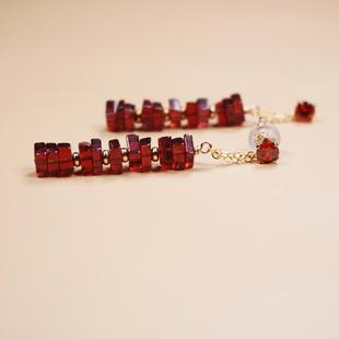 天然酒红石榴石耳链女好品质水晶宝石耳饰14k注金串珠耳钉长耳坠