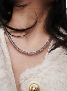 天然石串珠项链女灰色水晶小众设计叠戴颈饰雪花纯银灰月光锁骨链