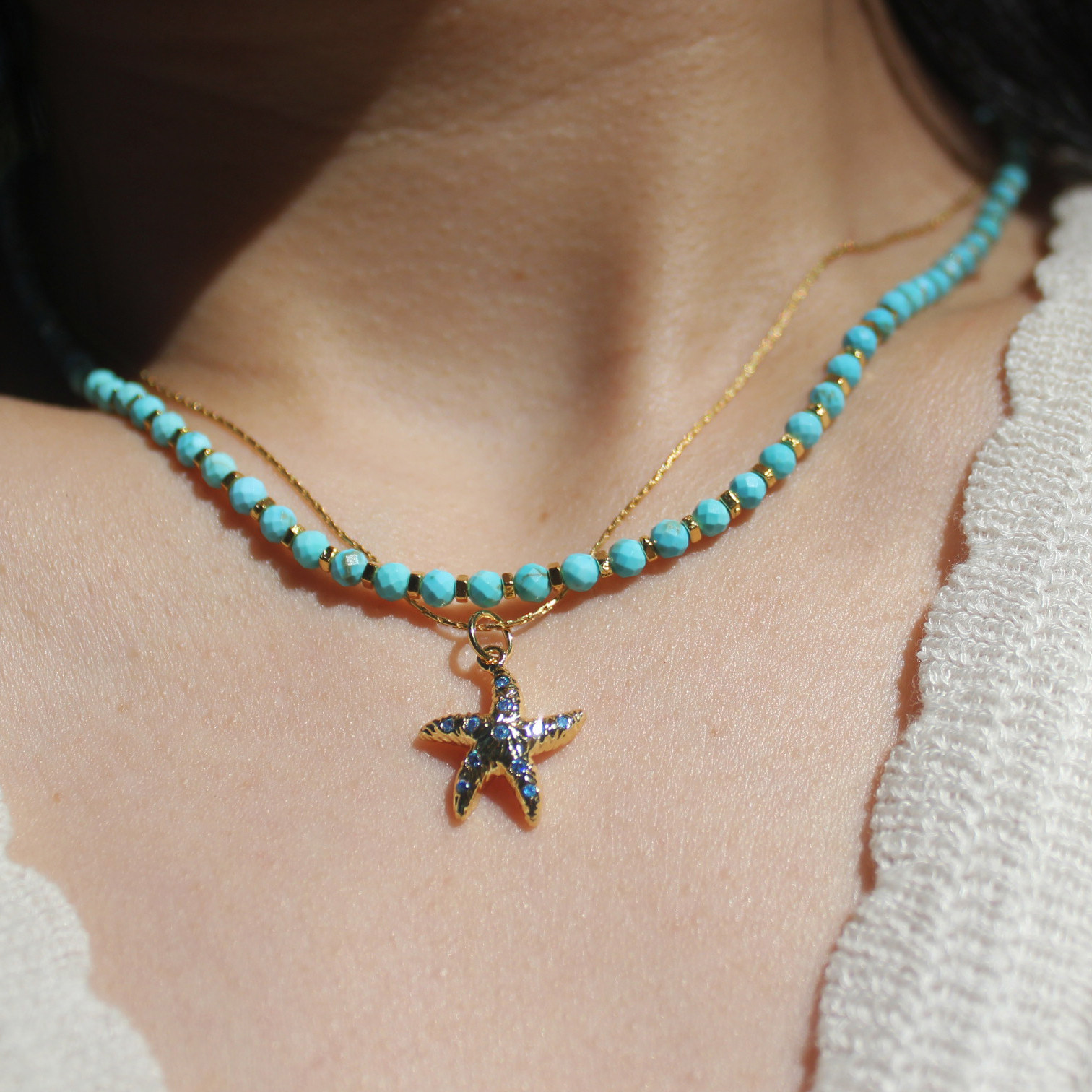 여성을위한 천연 청록색 쇄골 체인 오리지널 디자인 금도금  대비 페르시 넥 체인 쥬얼리 파란색과 청록색 목걸이