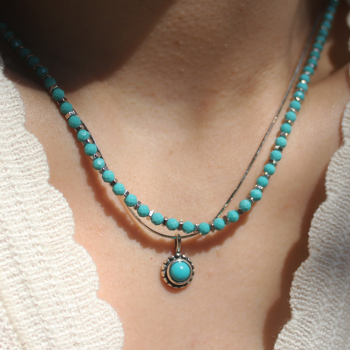 绿松石项链女款串珠撞色颈饰原创设计纯银叠戴玉石吊坠复古锁骨链