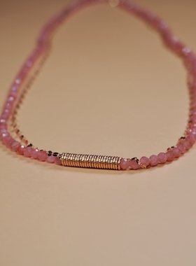 天然红纹石项链女粉色宝石锁骨链