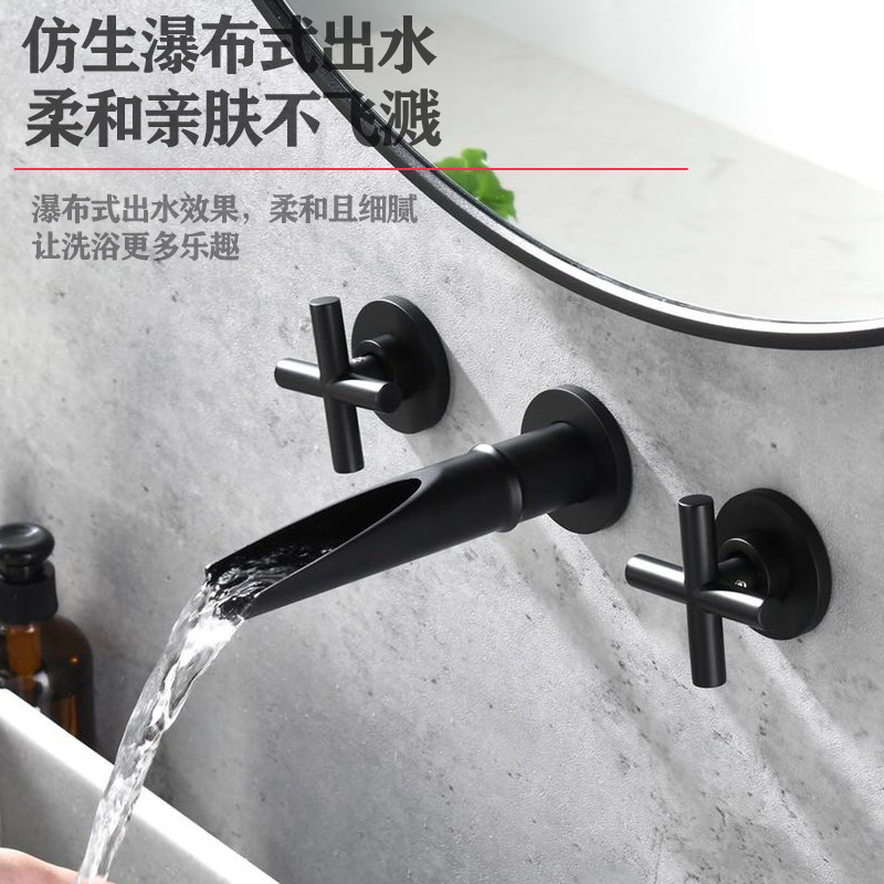 金色全铜入墙式水龙头双把三孔暗装式冷热水龙头洗手盆台盆墙出水