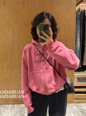 水洗棉做旧拉链连帽卫衣女外套
