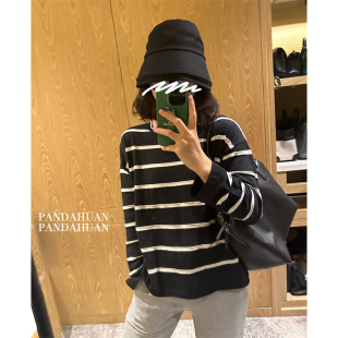 不费力百搭top*凹凸纹理_黑白撞色横条纹圆领薄款显瘦针织衫女