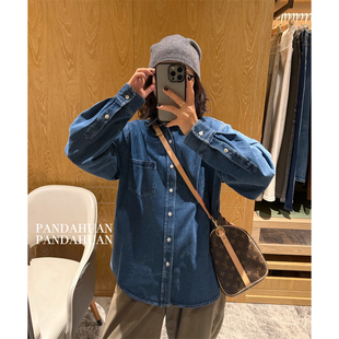 好穿高频top*美式深蓝_尖领单口袋挺括有型休闲叠穿牛仔衬衫女