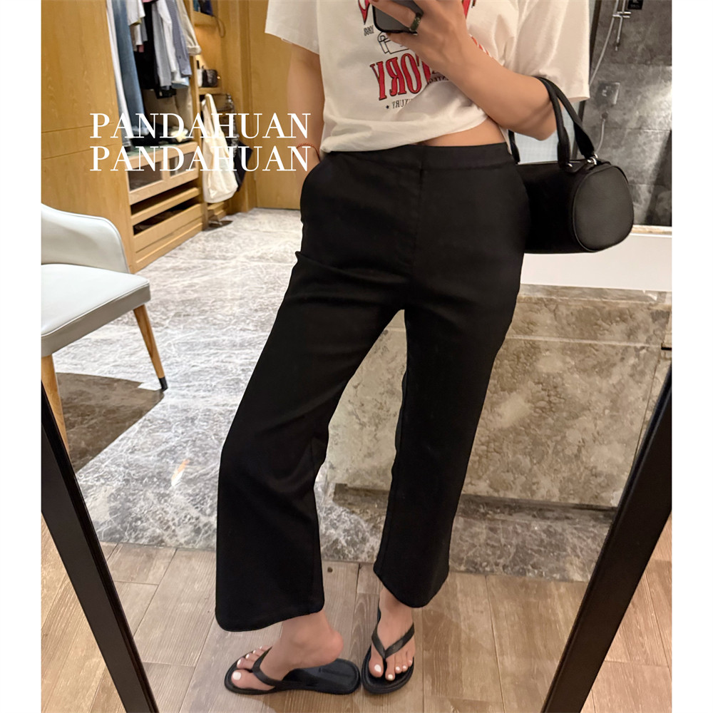 瘦'竹竿'哑光涂层_修身弹力高腰巨显瘦微喇九分裤女休闲小喇叭裤