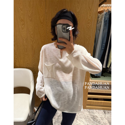 横条纹/白色_缺口小V领单口袋卷边长袖干爽针织衫女垂感防晒罩衫