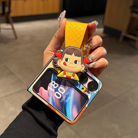 不二家牛奶妹适用OPPO findn3flip手机壳折叠屏腕带卡通可爱find n2flip油画皮质新款少女保护套手提支架防摔