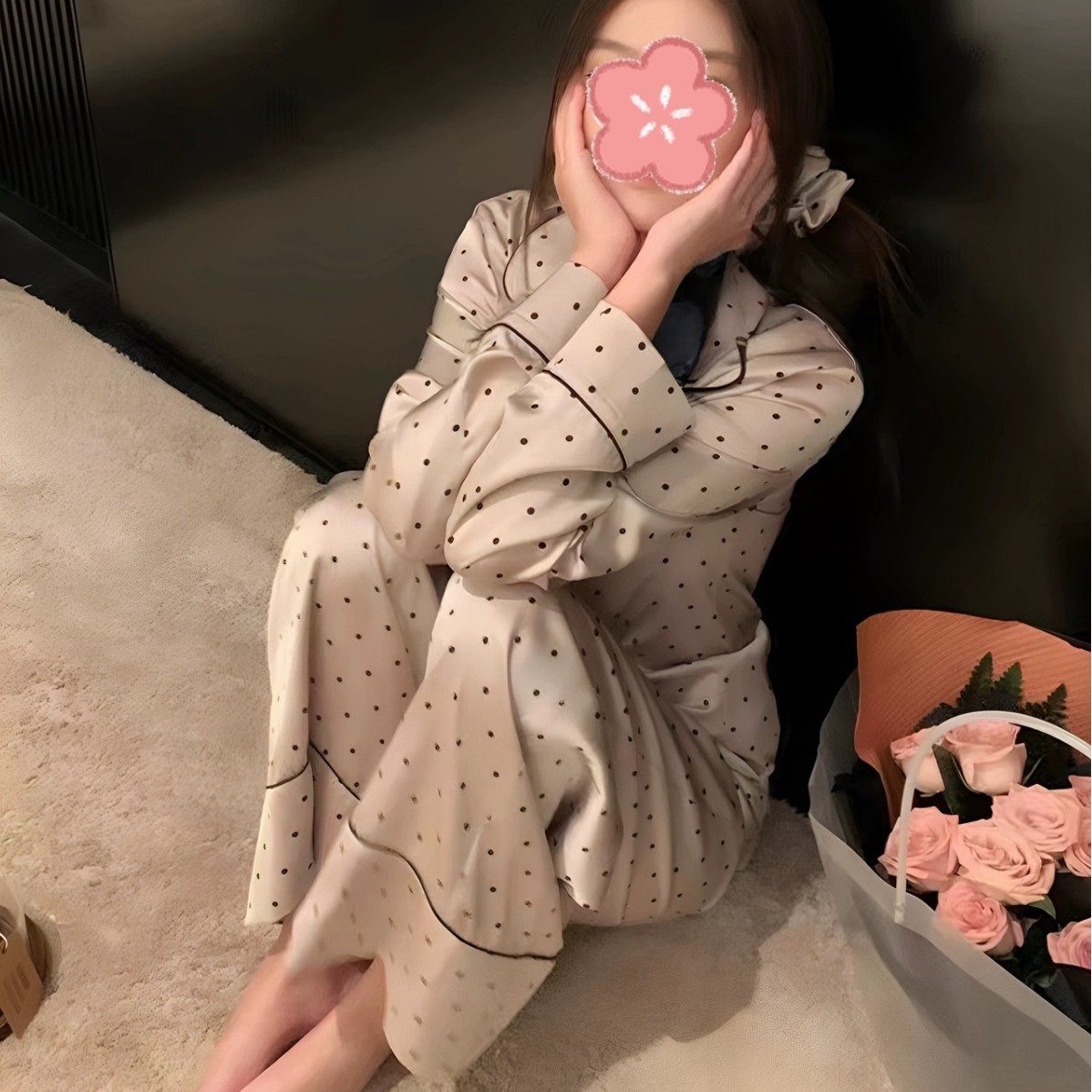 外贸跨境网红波点韩版冰丝睡衣女春秋仿真丝长袖长裤家居服套装冬