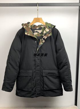 时尚潮连帽中长款拼接羽绒服外套