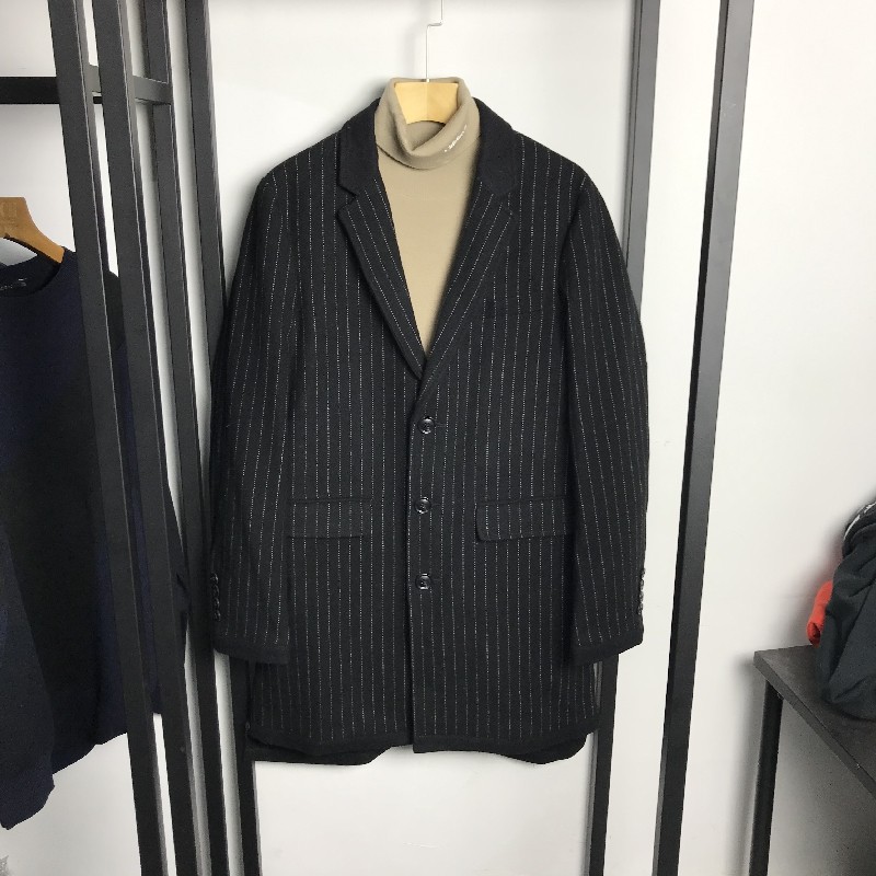 G牌男装冬季夹棉毛呢大衣时尚休闲潮流青年中长款条纹羊毛大衣男