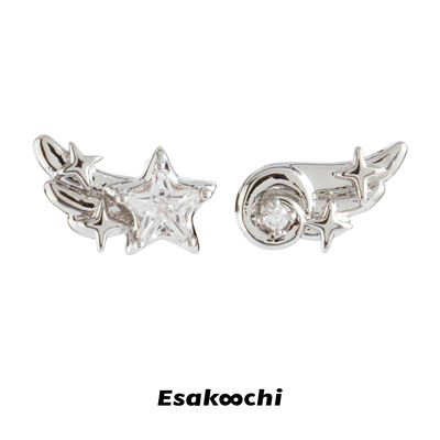 Esakoochi甜美可爱天使翅膀耳钉不对称个性小众设计五角星芒耳饰
