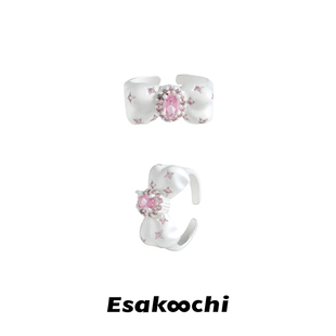 Esakoochi公主的蝴蝶结戒指~银白色粉钻镶嵌甜美少女气质夸张指环