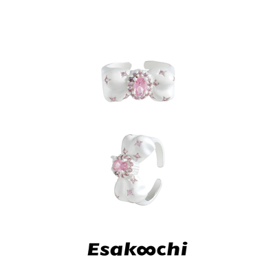 Esakoochi公主的蝴蝶结戒指~银白色粉钻镶嵌甜美少女气质夸张指环