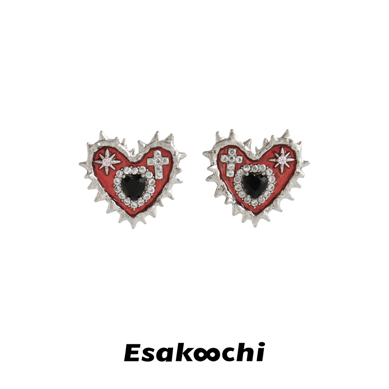 Esakoochi禁忌系列~酸蚀尖刺爱心耳钉哥特暗黑恶魔之眼红色耳饰