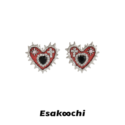 Esakoochi禁忌系列~酸蚀尖刺爱心耳钉哥特暗黑恶魔之眼红色耳饰