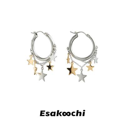 Esakoochi梦境里的星星~原创金银星芒圆圈耳钉女小众设计感耳环