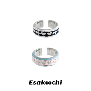 Esakoochi爱心图腾开口黑色戒指个性粉蓝拼色少女甜酷指环
