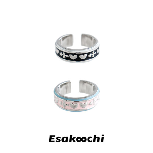 Esakoochi爱心图腾开口黑色戒指个性粉蓝拼色少女甜酷指环