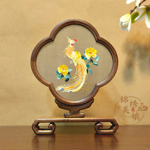 苏州刺绣成品双面绣摆件凤舞牡丹手工非遗苏绣桌面摆台特色中式风