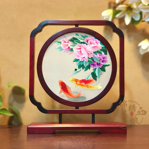 非遗手工刺绣牡丹鱼摆件双面绣送朋友特色伴手礼桌面摆台装饰苏绣
