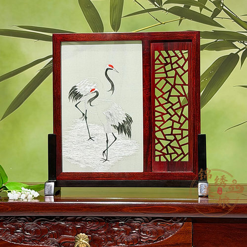 非遗精品苏州红木双面绣仙鹤台屏摆件刺绣手工苏绣送长辈特色礼品