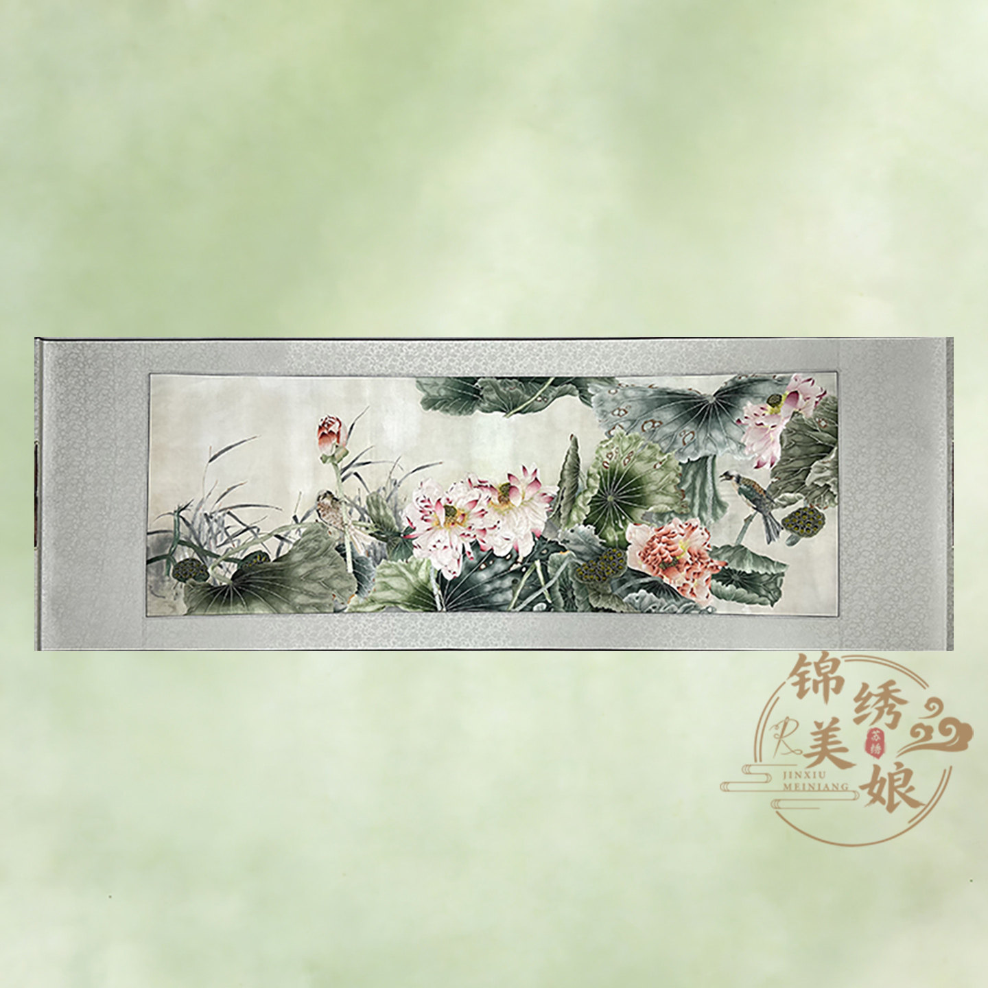 大幅手工非遗刺绣荷花翠鸟书房别墅客厅玄关挂画装饰苏绣特色礼品