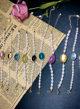 天然淡水珍珠手工绕线手链 海蓝宝月光石榴水晶 简约百搭2023新款