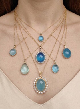 上新天然海蓝宝石吊坠手工绕线水晶项链进口包金纯银清新简约百搭