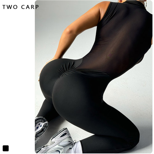 TWOCARP欧美风无袖网纱速干塑身运动健身服提臀拉链Yoga Bodysuit