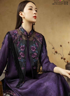 千椿物喜设计师原创清汉女新中式国风重工复古刺绣流苏民族风披肩