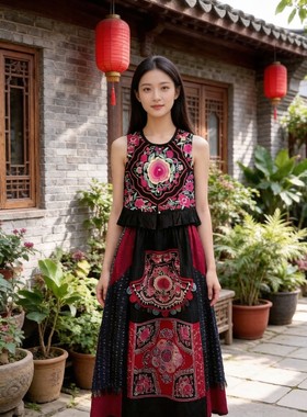 新中式黑色刺绣马甲 复古盘扣无袖背心中国风汉服民族风上衣短款