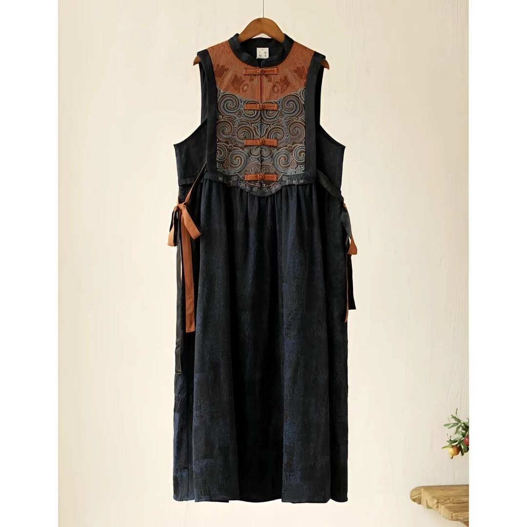 千椿物喜 春装新款民族风刺绣棉麻连衣裙 女立领盘扣无袖马甲长裙