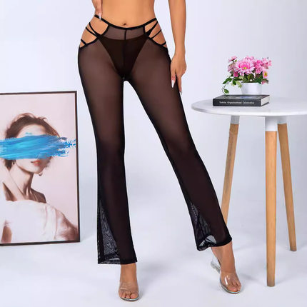 低腰显瘦爆款欧美性感低腰镂空网纱喇叭裤女显瘦弹力透气微喇透视