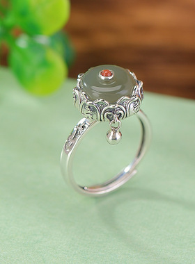 S925纯银天然和田青玉戒指可转动