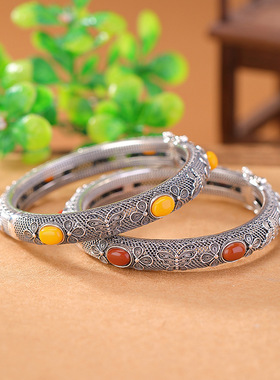 S925纯银花丝天然蜜蜡做旧镂空