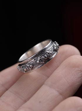 S925纯银复古民族风金刚杵可旋转动祥瑞男女士简约百搭泰银戒指环