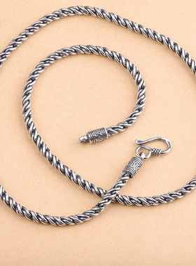 S925纯银复古欧美朋克嘻哈风个性潮流扭纹麻花男士个性百搭项配链