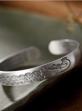 S999足银复古民族风做旧哑光孔雀心经个性时尚女士泰银开口手镯环