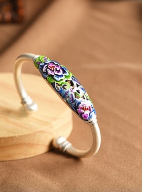 景泰蓝银手镯足银牡丹花民族风