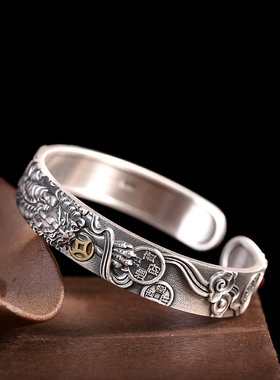 S999足银复古民族风招纳财进宝钱币貔貅个性吉祥男女纯银开口手镯