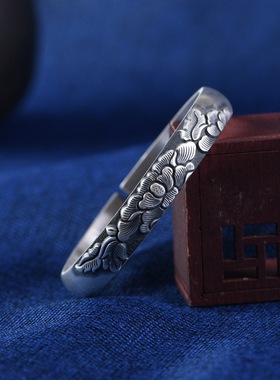 足银复古实心纯银开口手镯送妈妈