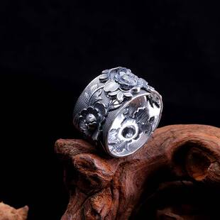 S999足银复古手工牡丹花高档个性夸张女士食指活开口纯银戒指环
