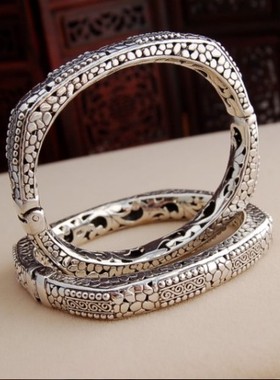 复古印尼雕花方形女士开口手镯