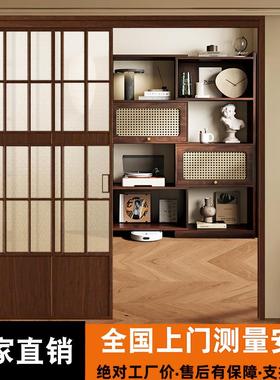 法式复古三联动极窄推拉门胡桃木色厨房客厅茶室书房玻璃移门隔断